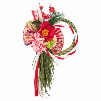 花しめ飾り　紅扇　しめ縄飾り　アーティフィシャルフラワー　造花　お正月アレンジメント　ZA006033（幅 約23×高さ 約35×奥行 約9cm）